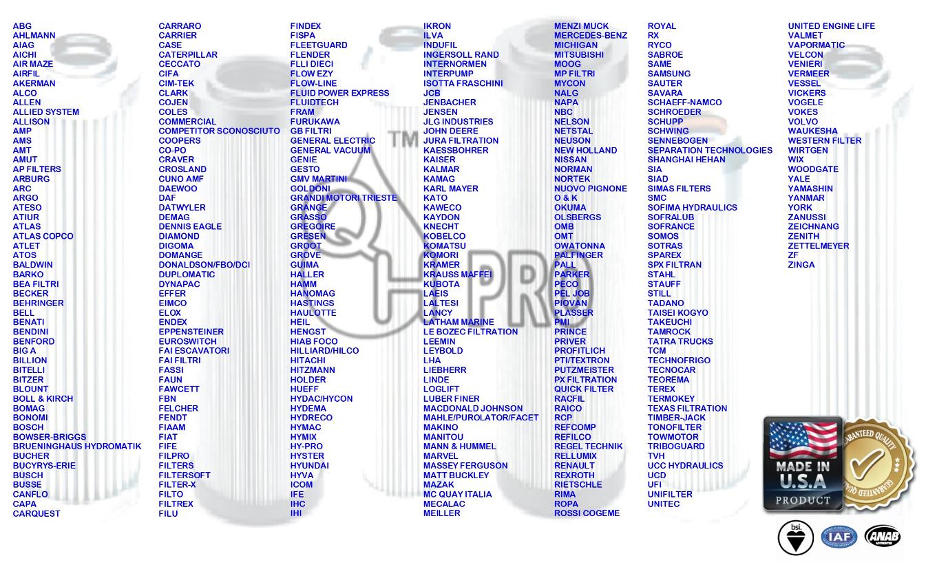 FILTRATION WE INTERCHANGE THESE BRANDS AND MORE ...QuebecHydraulics.com

ABG
AHLMANN
AIAG
AICHI
AIR MAZE
AIRFIL
AKERMAN
ALCO
ALLEN
ALLIED SYSTEM
ALLISON
AMP
AMS
AMT
AMUT
AP FILTERS
ARBURG
ARC
ARGO
ATESO
ATIUR
ATLAS
ATLAS COPCO
ATLET
ATOS
BALDWIN
BARKO
BEA FILTRI
BECKER
BEHRINGER
BELL
BENATI
BENDINI
BENFORD
BIG A
BILLION
BITELLI
BITZER
BLOUNT
BOLL & KIRCH
BOMAG
BONOMI
BOSCH
BOWSER-BRIGGS
BRUENINGHAUS HYDROMATIK
BUCHER
BUCYRYS-ERIE
BUSCH
BUSSE
CANFLO
CAPA
CARQUEST 
CARRARO
CARRIER
CASE
CATERPILLAR
CECCATO
CIFA
CIM-TEK
CLARK
COJEN
COLES
COMMERCIAL
COMPETITOR SCONOSCIUTO
COOPERS
CO-PO
CRAVER
CROSLAND
CUNO AMF
DAEWOO
DAF
DATWYLER
DEMAG
DENNIS EAGLE
DIAMOND
DIGOMA
DOMANGE
DONALDSON/FBO/DCI
DUPLOMATIC
DYNAPAC
EFFER
EIMCO
ELOX
ENDEX
EPPENSTEINER
EUROSWITCH
FAI ESCAVATORI
FAI FILTRI
FASSI
FAUN
FAWCETT
FBN
FELCHER
FENDT
FIAAM
FIAT
FIFE
FILPRO
FILTERS
FILTERSOFT
FILTER-X
FILTO
FILTREX
FILU 
FINDEX
FISPA
FLEETGUARD
FLENDER
FLLI DIECI
FLOW EZY
FLOW-LINE
FLUID POWER EXPRESS
FLUIDTECH 
FRAM
FURUKAWA
GB FILTRI
GENERAL ELECTRIC
GENERAL VACUUM
GENIE
GESTO
GMV MARTINI
GOLDONI
GRANDI MOTORI TRIESTE
GRANGE
GRASSO
GREGOIRE
GRESEN
GROOT
GROVE
GUIMA
HALLER
HAMM
HANOMAG
HASTINGS
HAULOTTE
HEIL
HENGST
HIAB FOCO
HILLIARD/HILCO
HITACHI
HITZMANN
HOLDER
HUEFF
HYDAC/HYCON
HYDEMA
HYDRECO
HYMAC
HYMIX
HY-PRO
HYSTER
HYUNDAI
HYVA
ICOM
IFE
IHC
IHI
IKRON
ILVA
INDUFIL
INGERSOLL RAND
INTERNORMEN
INTERPUMP
ISOTTA FRASCHINI
JCB
JENBACHER
JENSEN
JLG INDUSTRIES
JOHN DEERE
JURA FILTRATION
KAESSBOHRER
KAISER
KALMAR
KAMAG
KARL MAYER
KATO
KAWECO
KAYDON
KNECHT
KOBELCO
KOMATSU
KOMORI
KRAMER
KRAUSS MAFFEI
KUBOTA
LAEIS
LALTESI
LANCY
LATHAM MARINE
LE BOZEC FILTRATION
LEEMIN
LEYBOLD
LHA
LIEBHERR
LINDE
LOGLIFT
LUBER FINER
MACDONALD JOHNSON
MAHLE/PUROLATOR/FACET
MAKINO
MANITOU
MANN & HUMMEL
MARVEL
MASSEY FERGUSON
MATT BUCKLEY 
MAZAK
MC QUAY ITALIA
MECALAC
MEILLER
MENZI MUCK
MERCEDES-BENZ
MICHIGAN
MITSUBISHI
MOOG
MP FILTRI
MYCON
NALG
NAPA
NBC
NELSON 
NETSTAL
NEUSON
NEW HOLLAND
NISSAN
NORMAN
NORTEK 
NUOVO PIGNONE
O & K
OKUMA
OLSBERGS
OMB
OMT
OWATONNA
PALFINGER
PALL
PARKER
PECO
PEL JOB
PIOVAN
PLASSER
PMI
PRINCE
PRIVER
PROFITLICH
PTI/TEXTRON
PUTZMEISTER
PX FILTRATION
QUICK FILTER
RACFIL
RAICO
RCP
REFCOMP
REFILCO
REGEL TECHNIK
RELLUMIX
RENAULT
REXROTH
RIETSCHLE
RIMA
ROPA
ROSSI COGEME 
ROYAL
RX
RYCO
SABROE
SAME
SAMSUNG
SAUTER
SAVARA
SCHAEFF-NAMCO
SCHROEDER
SCHUPP
SCHWING
SENNEBOGEN
SEPARATION TECHNOLOGIES
SHANGHAI HEHAN
SIA
SIAD
SIMAS FILTERS
SMC
SOFIMA HYDRAULICS
SOFRALUB
SOFRANCE
SOMOS
SOTRAS
SPAREX
SPX FILTRAN
STAHL
STAUFF
STILL
TADANO
TAISEI KOGYO
TAKEUCHI
TAMROCK
TATRA TRUCKS 
TCM
TECHNOFRIGO
TECNOCAR
TEOREMA
TEREX
TERMOKEY
TEXAS FILTRATION
TIMBER-JACK
TONOFILTER
TOWMOTOR
TRIBOGUARD
TVH
UCC HYDRAULICS
UCD
UFI
UNIFILTER
UNITEC
UNITED ENGINE LIFE
VALMET
VAPORMATIC
VELCON
VENIERI
VERMEER
VESSEL
VICKERS
VOGELE
VOKES
VOLVO
WAUKESHA
WESTERN FILTER
WIRTGEN
WIX
WOODGATE
YALE
YAMASHIN
YANMAR
YORK
ZANUSSI
ZEICHNANG
ZENITH
ZETTELMEYER
ZF
ZINGA 





